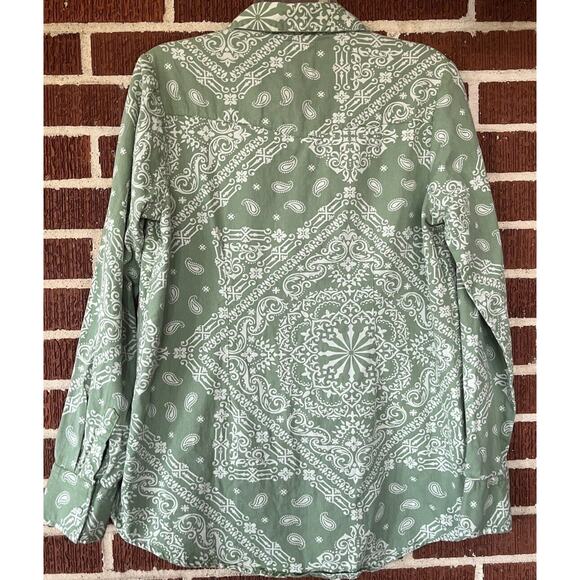 Cotton Rye Green and White Paisley Print Pearl Snap Size Large - Picture 2 of 3